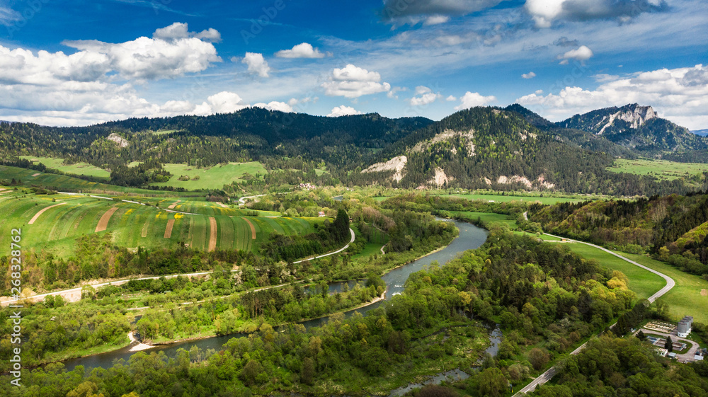 Dunajec river in Pieniny National Park in Poland, aerial drone view