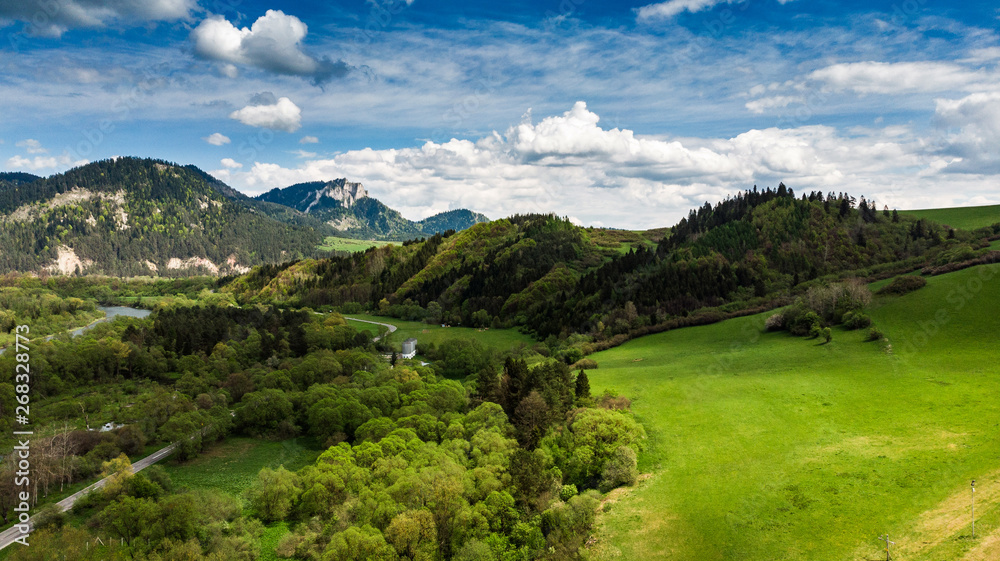 Summertime landscape at Dunajec valley in Poland, aerial view