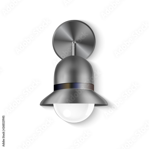Design Sconce Modern And Elegant Lighting Vector. Outdoor Steel Electric Wall Lamp For Lighting Terrace, Patio Or Garden. House Exterior Decorative Stylish Equipment Realistic 3d Illustration
