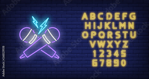 Rap battle neon icon. Crossed microphones and lightning on brick wall background. Show concept. Vector illustration can be used for neon signs, advertising, concert promotion