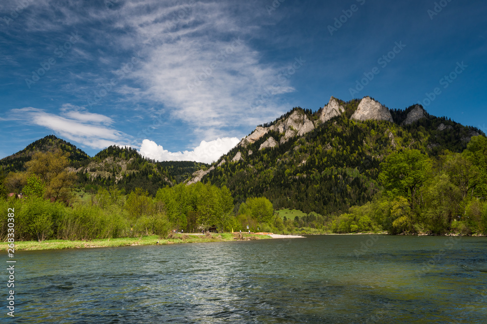 Three Crowns or Trzy Korony mountain peak over Dunajec river in Poland