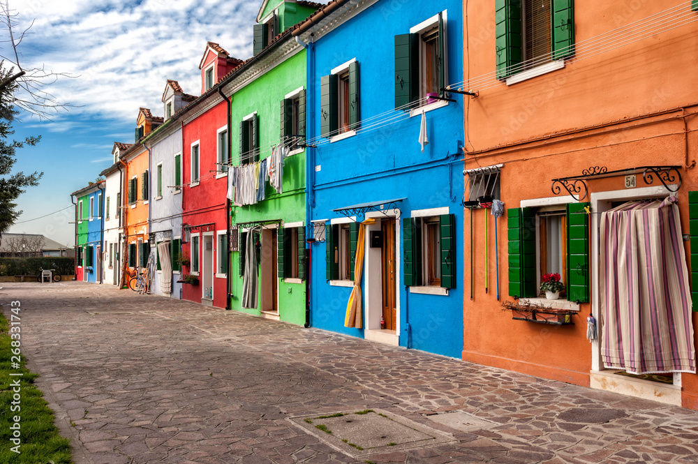 famous colorful houses on the island of Burano in the Venetian lagoon, Italy.