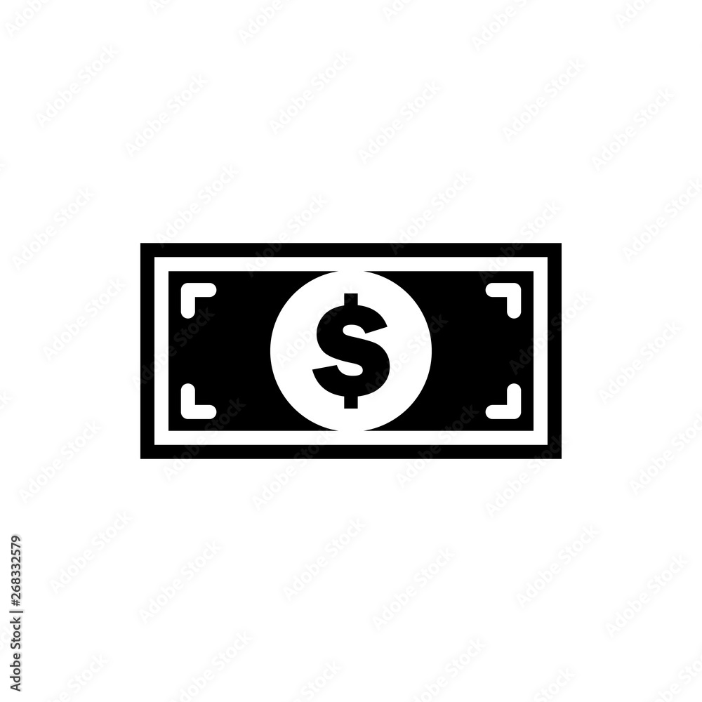 Vector image of a flat, isolated icon banknote with a dollar sign. United States dollar sign Vector image of a flat, isolated icon banknote with a dollar sign. United States dollar sign