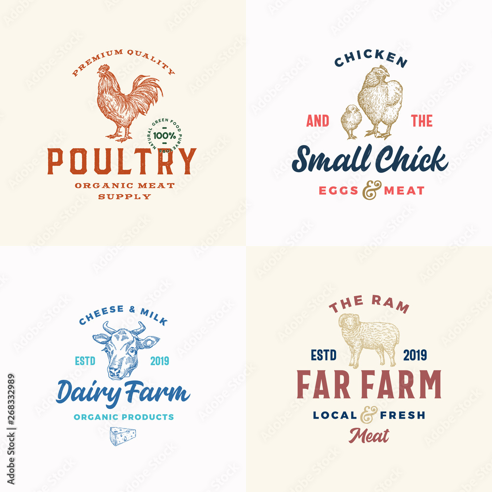 Farm Meat, Cheese and Poultry Logos Set. Abstract Vector Signs or Symbols Templates. Hand Drawn Domestic Animals and Birds with Retro Typography. Vintage Emblems. Farm Meat, Cheese and Poultry Logos Set. Abstract Vector Signs or Symbols Templates. Hand Drawn Domestic Animals and Birds with Retro Typography. Vintage Emblems.