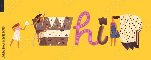 Dessert lettering - Whip - modern flat vector concept digital illustration of temptation font, sweet lettering and girls. Caramel, toffee, biscuit, waffle, cookie, cream and chocolate letters
