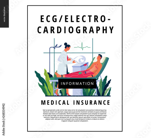 Medical tests template -ECG test -modern flat vector concept digital illustration of electrocardiography procedure -patient with sensors and doctor carrying out procedure, medical office or laboratory