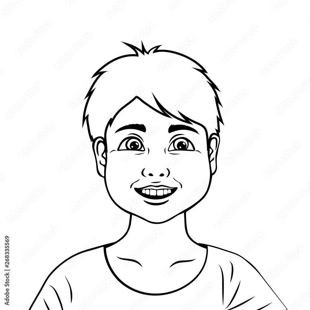 Coloring page outline of cartoon boy. Funny little boy is smiling. Close-up. Vector illustration Coloring page outline of cartoon boy. Funny little boy is smiling. Close-up. Vector illustration