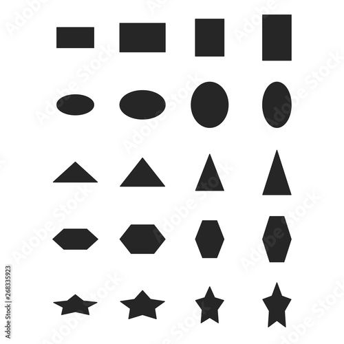Animation principles, squash and stretch with geometric shapes, square, triangle, circle, hexagon. Black elements, isolated vector, dynamic state, Morphing process.