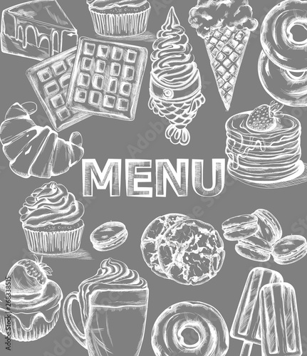 Sweets menu template Vector line art style. Ice cream, croissant, pancakes il...