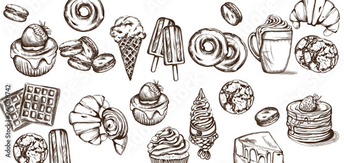 Sweets pattern Vector line art style. Ice cream, croissant, pancakes illustra...