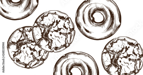 Sweets pattern Vector line art style. Ice cream, croissant, pancakes illustra...