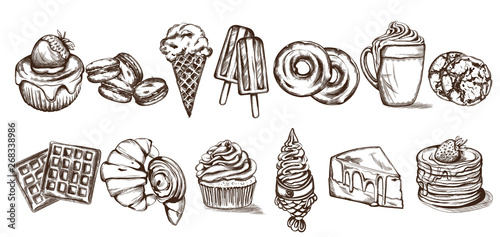 Sweets pattern Vector line art style. Ice cream, croissant, pancakes illustra...