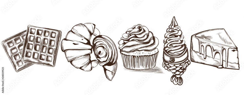 Sweets pattern Vector line art style. Ice cream, croissant, pancakes illustrations