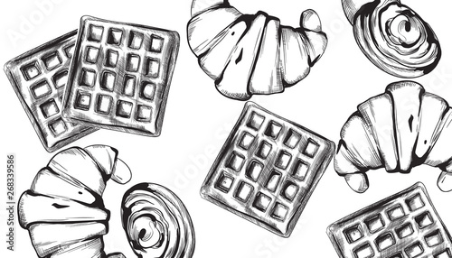 Sweets pattern Vector line art style. Ice cream, croissant, pancakes illustra...