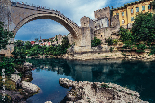 Old Bridge over Neretva river, foremost landmark of Old Town of Mostar, Bosnia and Herzegovina