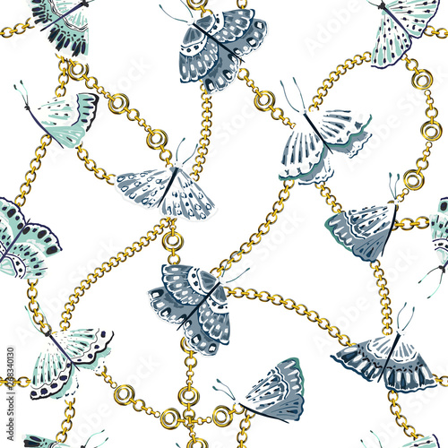 Chain seamless pattern with butterflies. Abstract print. Baroque trend. Vector illustration