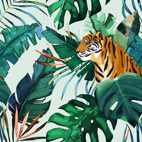 Exotic seamless pattern. Tropical leaves and tiger. Vector illustration