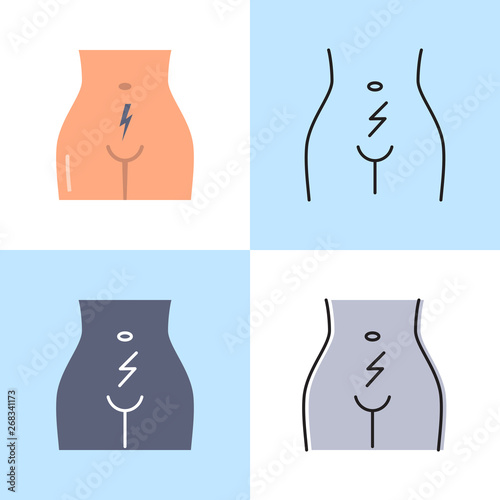 Abdominal cramps and pain icon set in flat and line style
