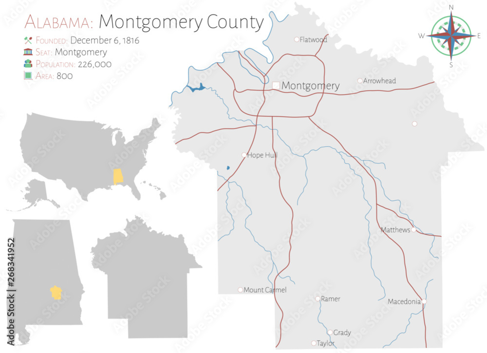 Large and detailed map of Montgomery county in Alabama, USA