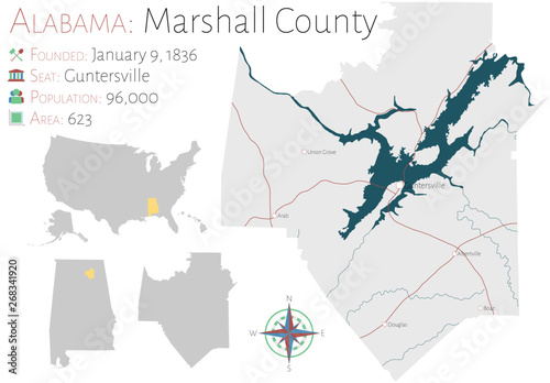 Large and detailed map of Marshall county in Alabama, USA