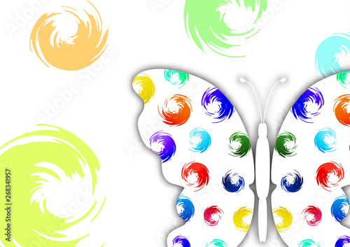 Beautiful abstract background with white butterfly silhouette on a white background. Creative design of the wings, bright multi-color brush strokes. photo