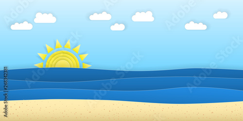 Summer striped hat and red sunglasses. Woman beach sunhat on sand. Top view. Summer concept. Vector illustration
