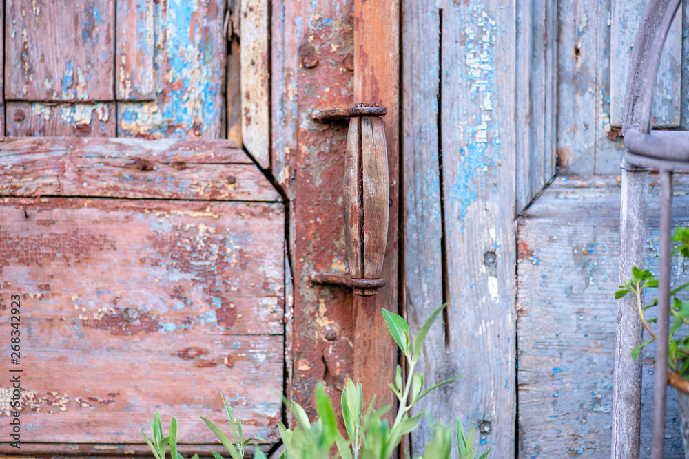 Detail of an old vintage wooden Door with Handle at a Garden as Part of House 