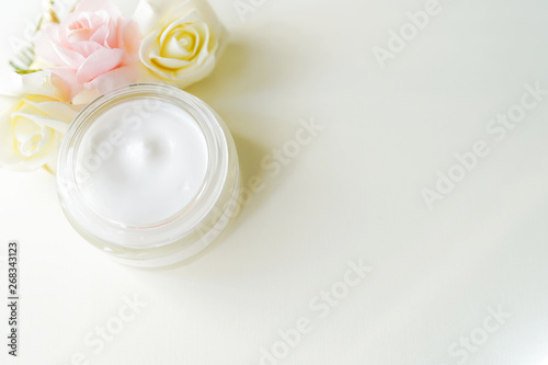 cosmetics, jar dairy cream with wheat isolated on white background with copy space. Without label. top view . concept of care, bath, spa