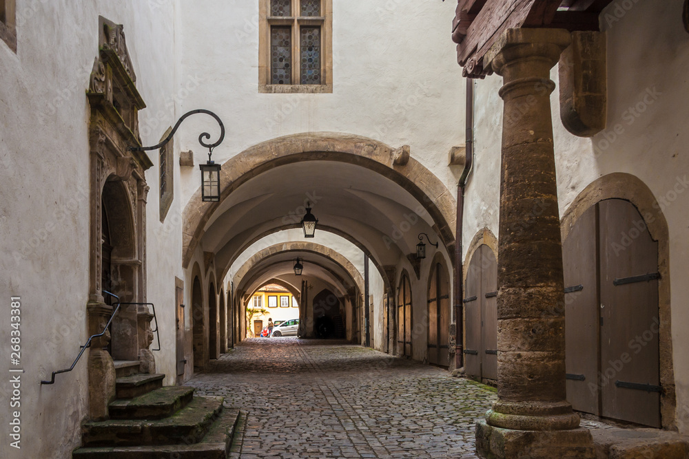 The history vault in the gothic part of the town house in Rothenburg ob der Tauber, Germany. It's the entrance to 8 vaults, recreations of a medieval writing room, jail, guard room or torture chamber.