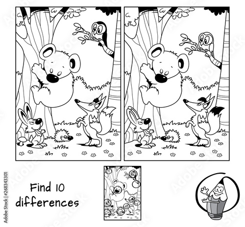 Animals in the forest. Teddy bear, fox, hare, hedgehog and owl. Find 10 differences. Educational matching game for children. Black and white cartoon vector illustration