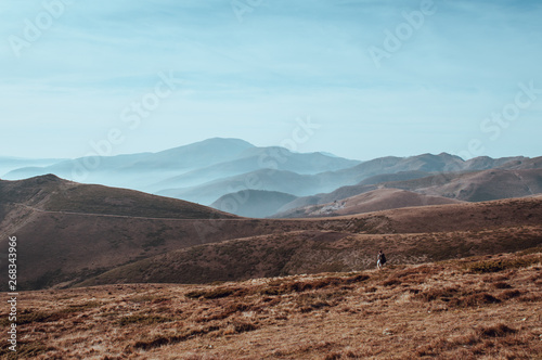 Misty autumn mountain hills landscape. Filtered image: vintage effect.