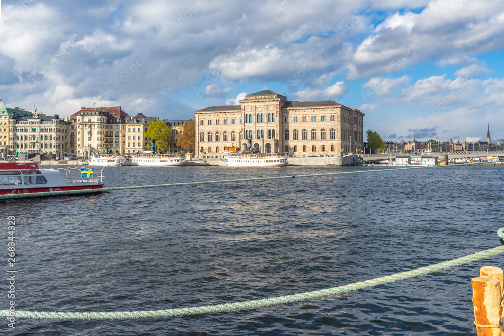 View of National Museum of Fine Arts, Stockholm, Sweden. The National Museum of Sweden seen from Gamla Stan embankment.