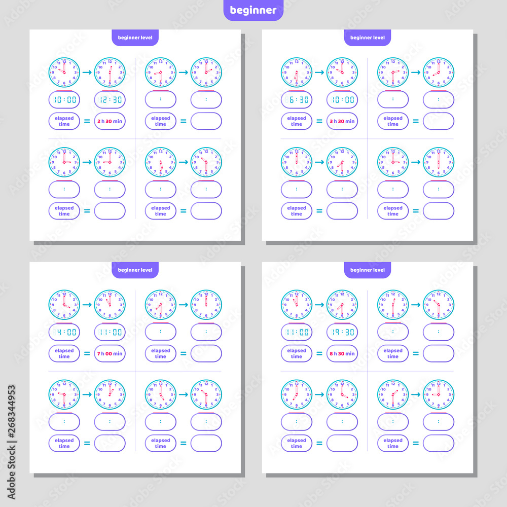 Elapsed time and Telling time worksheet for kids. Understanding analog