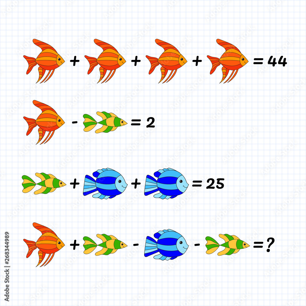 Mathematical Addition Subtraction Puzzle with colorful fish. Math game with pictures for children, middle level, education game for kids, preschool worksheet activity, task for logical thinking.
