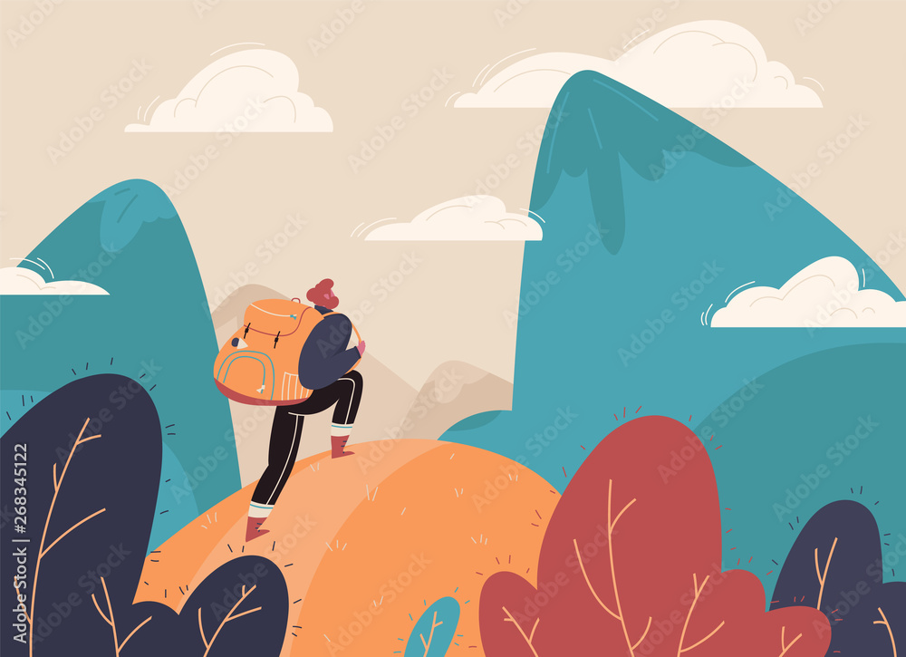Traveler with a backpack, bangs with a backpack standing on a mountain peak and looking at the landscape in the distance. Concept of adventure tourism, travel, nature research and nature walks. Vector - obrazy, fototapety, plakaty 