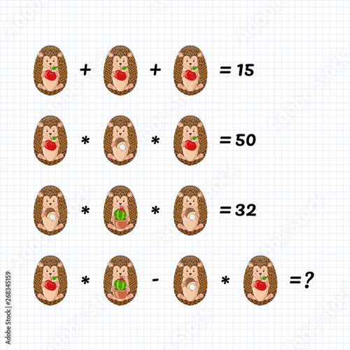 Mathematics educational game for children. System of equations. Advanced level. Learning multiplication, addition, subtraction, order of operations, equations worksheet for kids. Math Puzzle, hedgehog