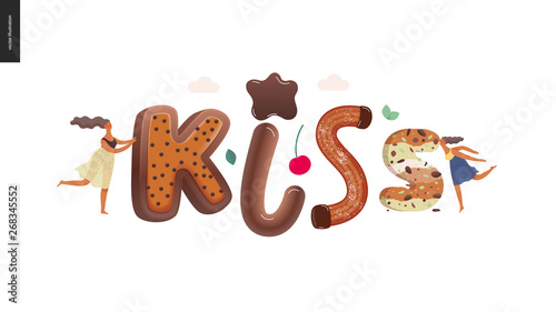 Dessert lettering - Kiss - modern flat vector concept digital illustration of temptation font, sweet lettering and girls. Caramel, toffee, biscuit, waffle, cookie, cream and chocolate letters