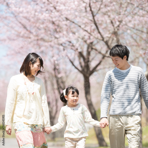 桜の前で手をつなぐ親子 Stock Photo Adobe Stock