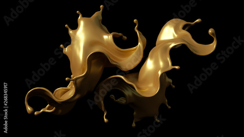 A splash of golden caramel on a black background. 3d illustration, 3d rendering.