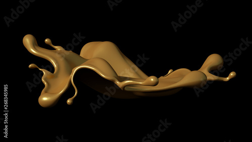 A splash of golden caramel on a black background. 3d illustration, 3d rendering.