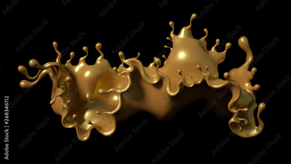 A splash of golden caramel on a black background. 3d illustration, 3d rendering.