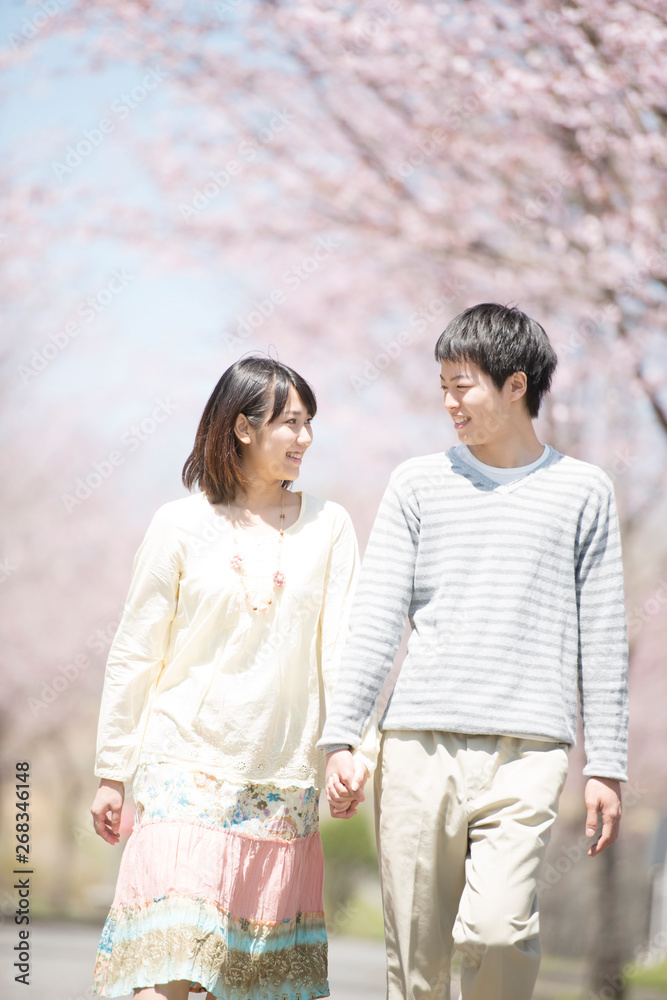 桜並木道を歩くカップル