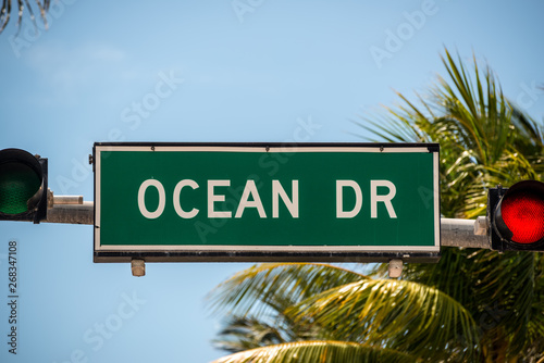 Ocean Drive sign with palm trees in Miami Beach  Florida  USA