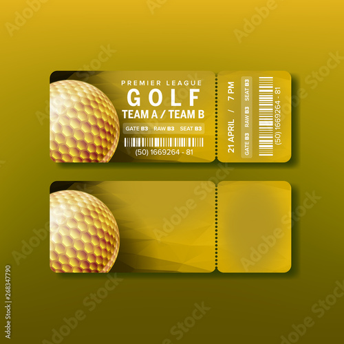 Ticket For Premier League Golf Tournament Vector. Golden Ball On Bright Yellow Flyer Invitation In Golf Club With Bar Code And Venue Details. Modern Template Realistic 3d Illustration