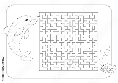 Labyrinth, maze conundrum coloring book page for kids. Advanced level of complexity. Cute dolphin and a fish. Entry and exit. Puzzle game for development of thinking and mental abilities of your child