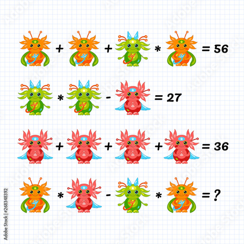Mathematics educational game for children. System of equations. Advanced level. Learning multiplication, addition, subtraction, order of operations, equations worksheet for kids. Math Puzzle. Aliens.