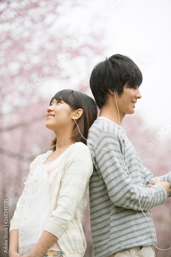桜の前で音楽を聴くカップル