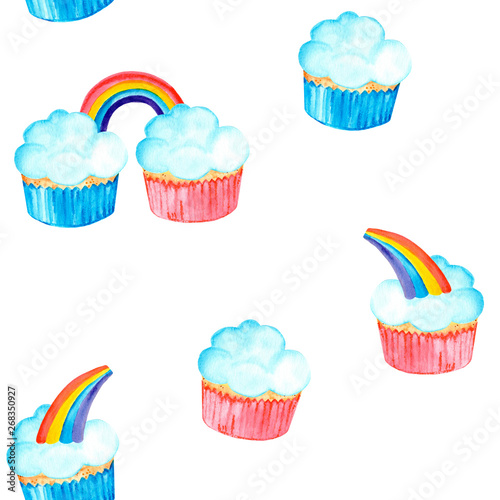 Magic seamless pattern with cute rainbow sweet cupcakes. Watercolor illustration. Isolated on a white background.	