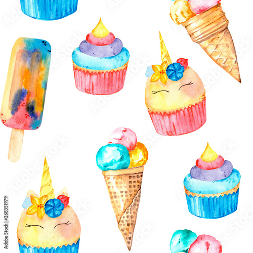 Magic seamless pattern with ice cream, unicorn and rainbow cupcakes. Watercolor illustration. Isolated on a white background.