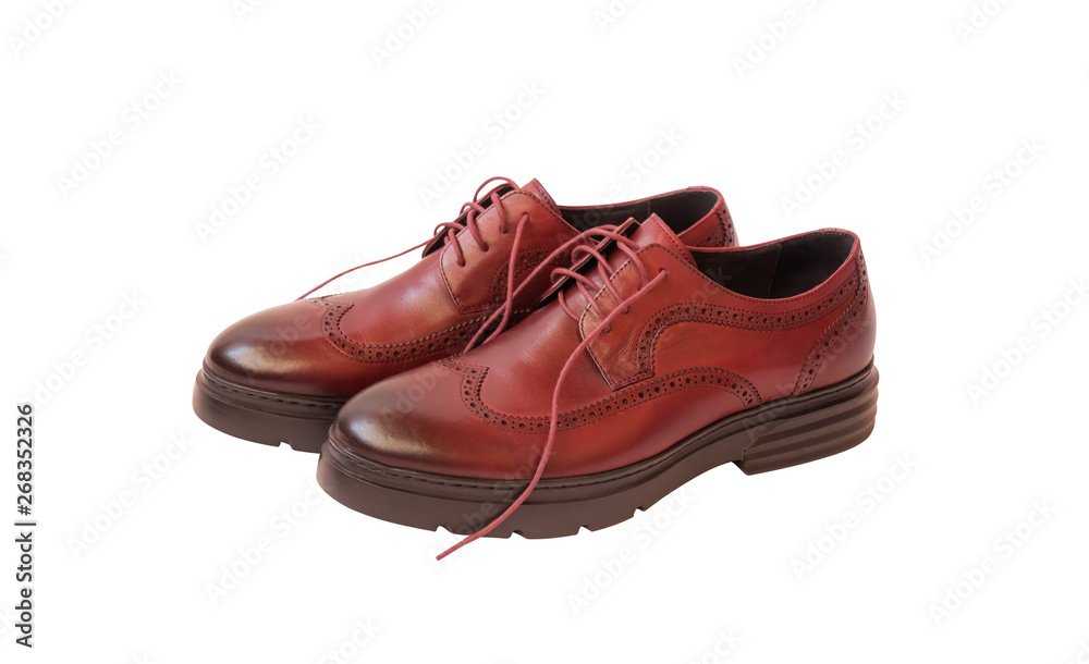 Male brown leather shoes isolated on  white. Selective focus.